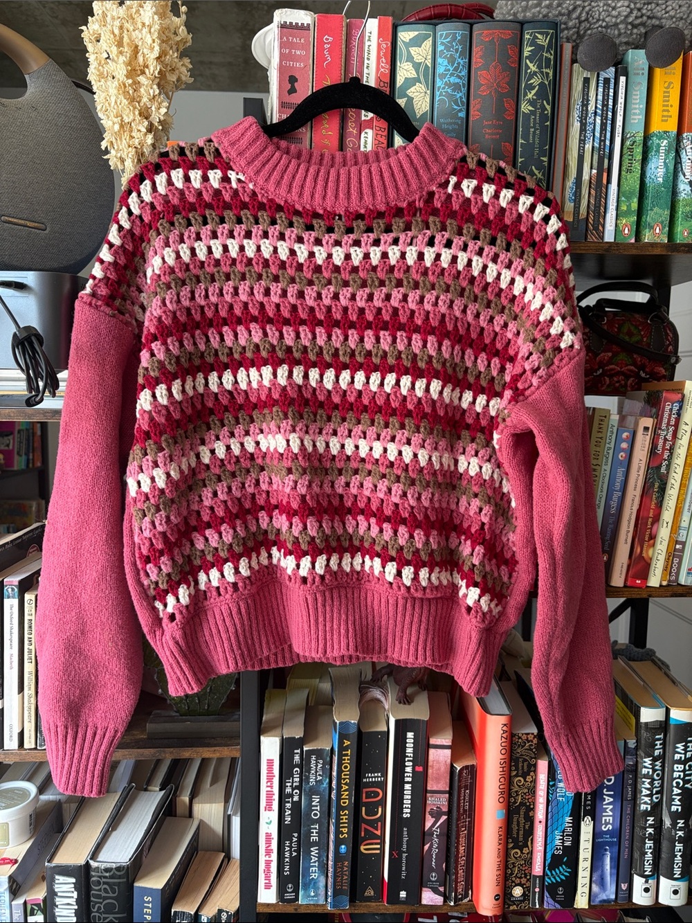 Women’s Pink Striped Crochet Sweater